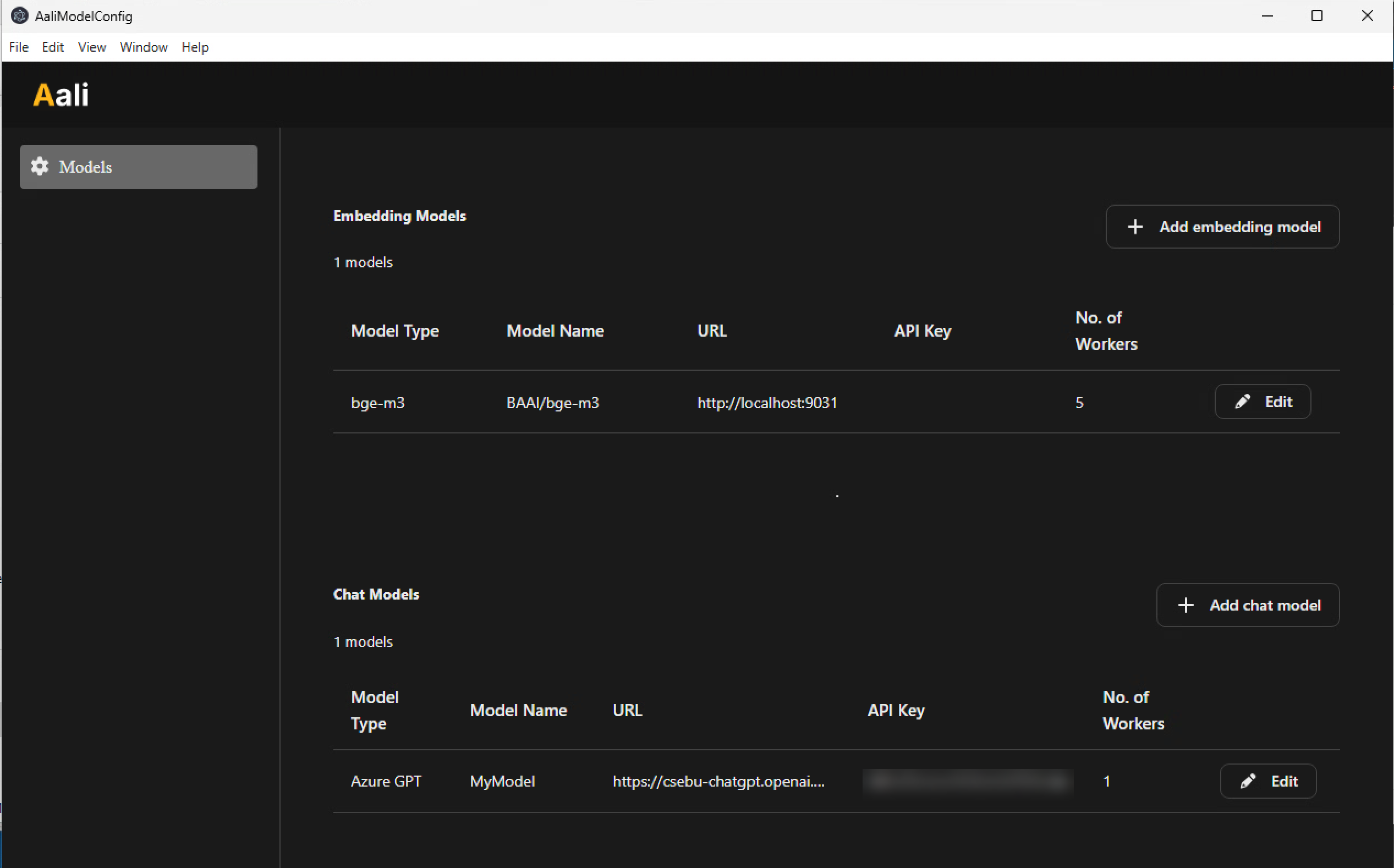 Models page after configuration